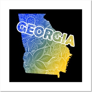 Colorful mandala art map of Georgia with text in blue and yellow Posters and Art